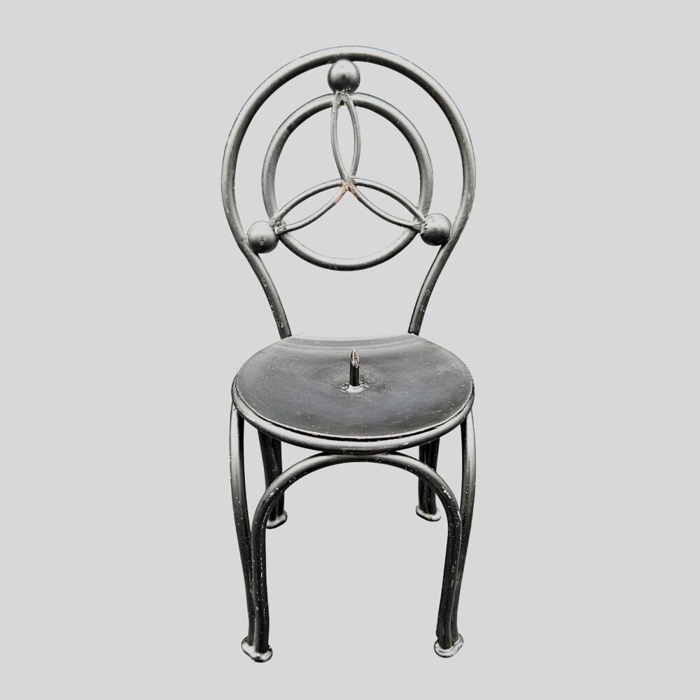 Vintage Black Metal Candle Holder Chair Design With Celtic Symbol Backrest